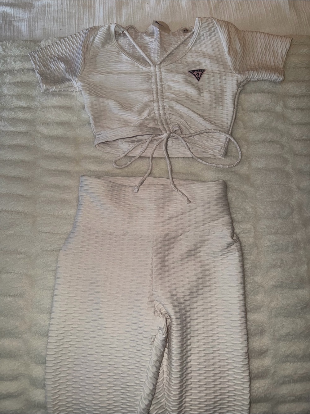 Guess White Ruched Crop Top & High-Waist Skirt Set